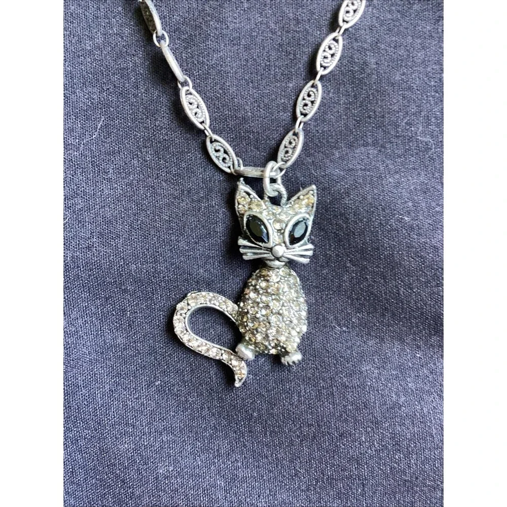 Vtg Mary DeMarco La Contessa Cat Pendant Necklace Rare Hand Clasp Pewter Signed